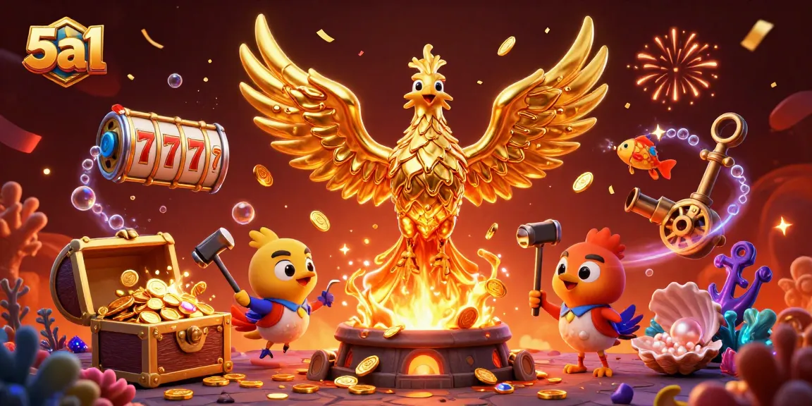 Experience excitement with 5a1: A molten gold phoenix among slot reels and festive treasures.