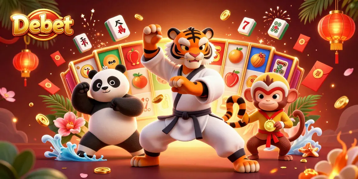 Engage with Debet's vibrant casino scene showcasing characters celebrating with golden medals and joyful slot game elements.