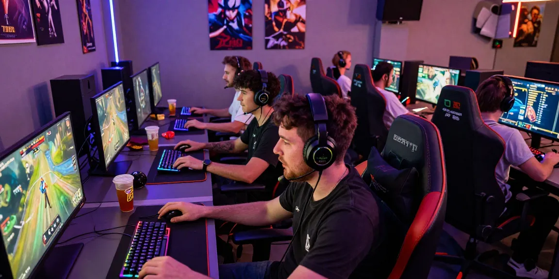 Engaged players in a vibrant gaming lounge showcasing FAFA 828 gaming experience with high-end setups.