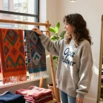 Young woman in a cozy boutique wearing a stylish Opa Pullover while exploring unique fashion accessories, embodying Kasselladi's modern lifestyle.
