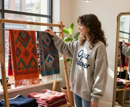 Young woman in a cozy boutique wearing a stylish Opa Pullover while exploring unique fashion accessories, embodying Kasselladi's modern lifestyle.