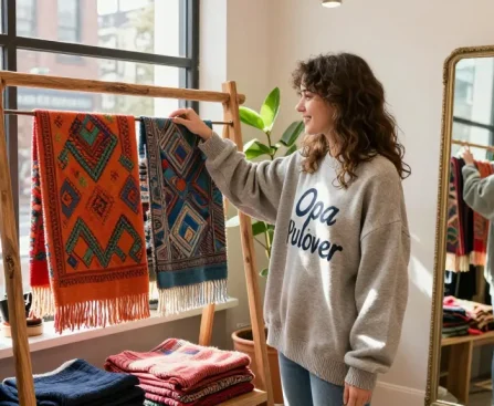 Young woman in a cozy boutique wearing a stylish Opa Pullover while exploring unique fashion accessories, embodying Kasselladi's modern lifestyle.