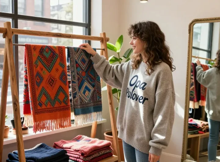 Young woman in a cozy boutique wearing a stylish Opa Pullover while exploring unique fashion accessories, embodying Kasselladi's modern lifestyle.